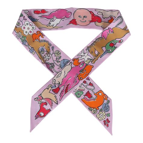 hermes mille et un lapins twilly|HERMES Silk Mille Et Un Lapins Twilly Gris Perle Rose.